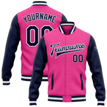 Load image into Gallery viewer, Custom Pink Navy-White Bomber Full-Snap Varsity Letterman Two Tone Jacket
