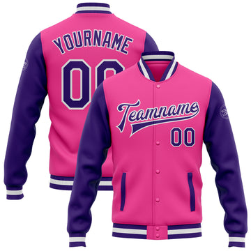 Custom Pink Purple-White Bomber Full-Snap Varsity Letterman Two Tone Jacket