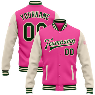 Custom Pink Green-Cream Bomber Full-Snap Varsity Letterman Two Tone Jacket