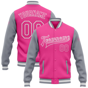 Custom Pink Pink Gray-White Bomber Full-Snap Varsity Letterman Two Tone Jacket