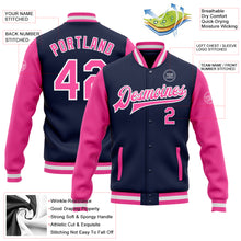 Load image into Gallery viewer, Custom Navy Pink-White Bomber Full-Snap Varsity Letterman Two Tone Jacket
