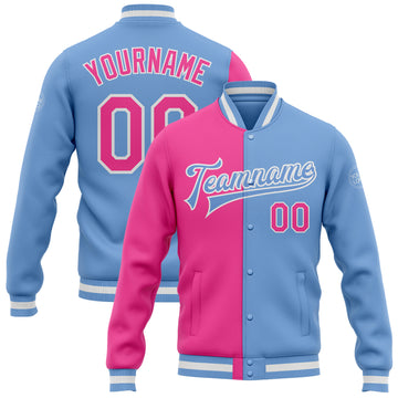 Custom Light Blue Pink-White Bomber Full-Snap Varsity Letterman Split Fashion Jacket