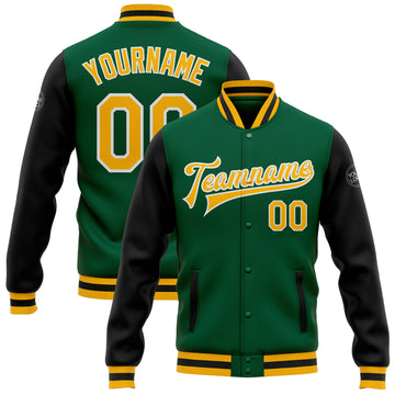 Custom Kelly Green Gold-White Bomber Full-Snap Varsity Letterman Two Tone Jacket