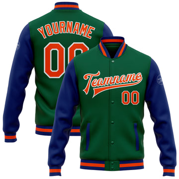 Custom Kelly Green Orange-Royal Bomber Full-Snap Varsity Letterman Two Tone Jacket