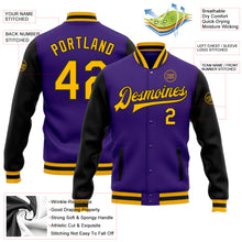 Load image into Gallery viewer, Custom Purple Gold-Black Bomber Full-Snap Varsity Letterman Two Tone Jacket
