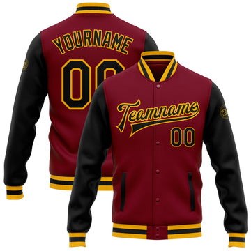 Custom Crimson Black-Gold Bomber Full-Snap Varsity Letterman Two Tone Jacket