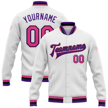 Custom White Pink Black-Purple Bomber Full-Snap Varsity Letterman Jacket