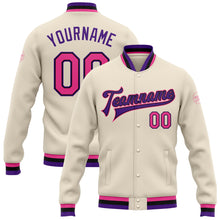 Load image into Gallery viewer, Custom Cream Pink Black-Purple Bomber Full-Snap Varsity Letterman Jacket

