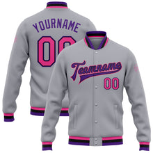 Load image into Gallery viewer, Custom Gray Pink Black-Purple Bomber Full-Snap Varsity Letterman Jacket
