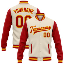 Load image into Gallery viewer, Custom Cream Red-Gold Bomber Full-Snap Varsity Letterman Two Tone Jacket
