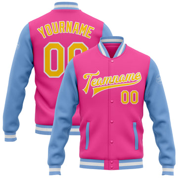 Custom Pink Yellow-Light Blue Bomber Full-Snap Varsity Letterman Two Tone Jacket
