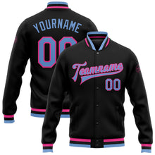 Load image into Gallery viewer, Custom Black Light Blue-Pink Bomber Full-Snap Varsity Letterman Jacket
