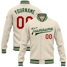 Load image into Gallery viewer, Custom Cream Red-Green Bomber Full-Snap Varsity Letterman Jacket
