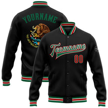 Load image into Gallery viewer, Custom Black Red-Kelly Green Mexico 3D Bomber Full-Snap Varsity Letterman Jacket
