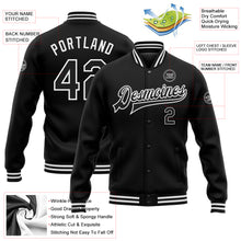 Load image into Gallery viewer, Custom Black White Bomber Full-Snap Varsity Letterman Jacket
