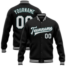 Load image into Gallery viewer, Custom Black White Gray-Midnight Green Bomber Full-Snap Varsity Letterman Jacket
