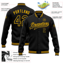 Load image into Gallery viewer, Custom Black Gold Bomber Full-Snap Varsity Letterman Jacket
