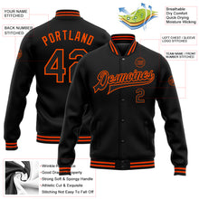 Load image into Gallery viewer, Custom Black Orange Bomber Full-Snap Varsity Letterman Jacket
