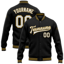 Load image into Gallery viewer, Custom Black White-Old Gold Bomber Full-Snap Varsity Letterman Jacket
