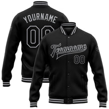 Load image into Gallery viewer, Custom Black Gray Bomber Full-Snap Varsity Letterman Jacket
