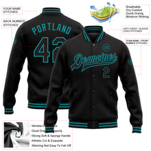 Load image into Gallery viewer, Custom Black Teal Bomber Full-Snap Varsity Letterman Jacket
