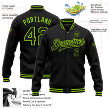 Load image into Gallery viewer, Custom Black Neon Green Bomber Full-Snap Varsity Letterman Jacket
