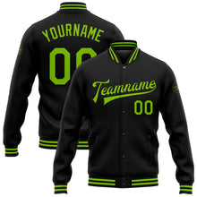 Load image into Gallery viewer, Custom Black Neon Green Bomber Full-Snap Varsity Letterman Jacket
