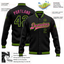 Load image into Gallery viewer, Custom Black Neon Green-Pink Bomber Full-Snap Varsity Letterman Jacket
