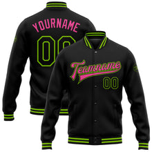 Load image into Gallery viewer, Custom Black Neon Green-Pink Bomber Full-Snap Varsity Letterman Jacket
