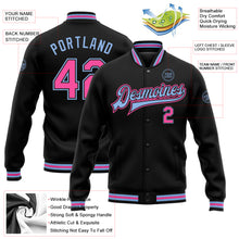 Load image into Gallery viewer, Custom Black Pink-Light Blue Bomber Full-Snap Varsity Letterman Jacket
