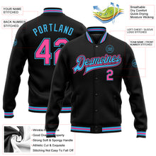 Load image into Gallery viewer, Custom Black Pink-Sky Blue Bomber Full-Snap Varsity Letterman Jacket
