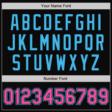 Load image into Gallery viewer, Custom Black Pink-Sky Blue Bomber Full-Snap Varsity Letterman Jacket
