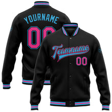 Load image into Gallery viewer, Custom Black Pink-Sky Blue Bomber Full-Snap Varsity Letterman Jacket
