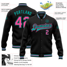 Load image into Gallery viewer, Custom Black Pink-Aqua Bomber Full-Snap Varsity Letterman Jacket
