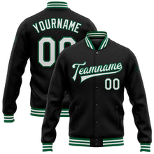 Load image into Gallery viewer, Custom Black White-Kelly Green Bomber Full-Snap Varsity Letterman Jacket
