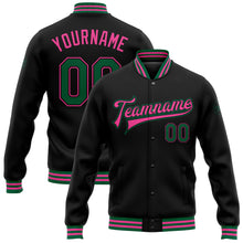 Load image into Gallery viewer, Custom Black Kelly Green-Pink Bomber Full-Snap Varsity Letterman Jacket
