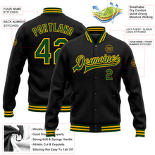 Load image into Gallery viewer, Custom Black Green-Gold Bomber Full-Snap Varsity Letterman Jacket
