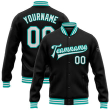Load image into Gallery viewer, Custom Black White-Aqua Bomber Full-Snap Varsity Letterman Jacket
