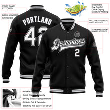 Load image into Gallery viewer, Custom Black White-Gray Bomber Full-Snap Varsity Letterman Jacket
