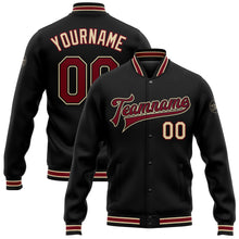 Load image into Gallery viewer, Custom Black Crimosn-City Cream Bomber Full-Snap Varsity Letterman Jacket
