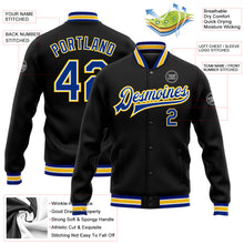 Load image into Gallery viewer, Custom Black Royal-Yellow Bomber Full-Snap Varsity Letterman Jacket
