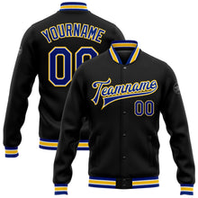 Load image into Gallery viewer, Custom Black Royal-Yellow Bomber Full-Snap Varsity Letterman Jacket
