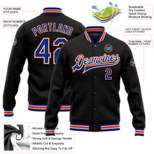 Load image into Gallery viewer, Custom Black Royal-Orange Bomber Full-Snap Varsity Letterman Jacket

