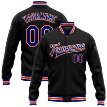Load image into Gallery viewer, Custom Black Royal-Orange Bomber Full-Snap Varsity Letterman Jacket
