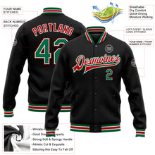 Load image into Gallery viewer, Custom Black Kelly Green-Red Bomber Full-Snap Varsity Letterman Jacket
