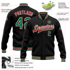 Custom Black Kelly Green-Red Bomber Full-Snap Varsity Letterman Jacket