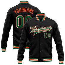 Load image into Gallery viewer, Custom Black Kelly Green-Orange Bomber Full-Snap Varsity Letterman Jacket
