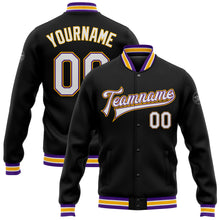 Load image into Gallery viewer, Custom Black White Purple-Gold Bomber Full-Snap Varsity Letterman Jacket
