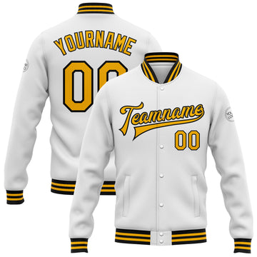 Custom White Gold-Black Bomber Full-Snap Varsity Letterman Jacket