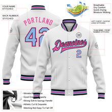 Load image into Gallery viewer, Custom White Light Blue Black-Pink Bomber Full-Snap Varsity Letterman Jacket
